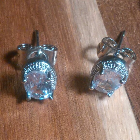 Simulated Blue and White Diamond Silvertone Brass Stud Earrings - Picture 6 of 13